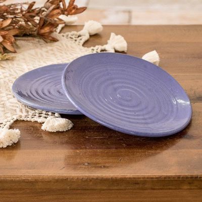 Primary image for Handmade Pair Spiral Patterned Blue Ceramic Dessert Plates Dessert with Family