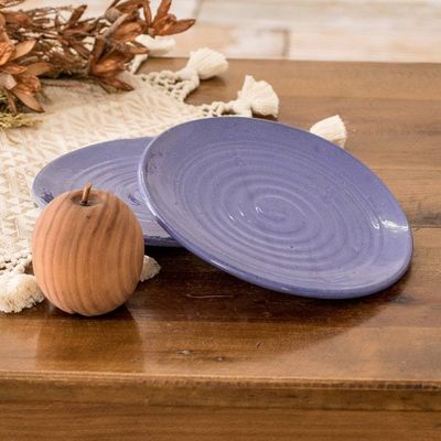 Alternate image for Handmade Pair Spiral Patterned Blue Ceramic Dessert Plates Dessert with Family