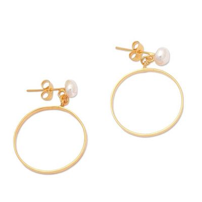 Alternate image for 18k Gold-Plated Round Cultured Pearl Dangle Earrings Cycles of Bali