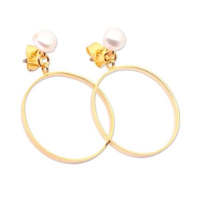 Alternate image for 18k Gold-Plated Round Cultured Pearl Dangle Earrings Cycles of Bali