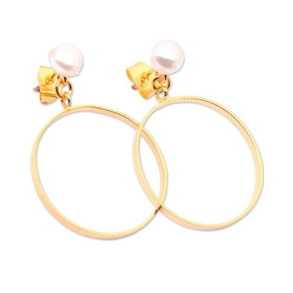 Alternate image for 18k Gold-Plated Round Cultured Pearl Dangle Earrings Cycles of Bali