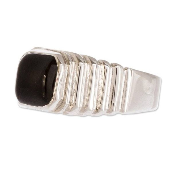 Alternate image for Mens Squared Bezel Black Jade Band Ring from Guatemala Magnanimous in Black
