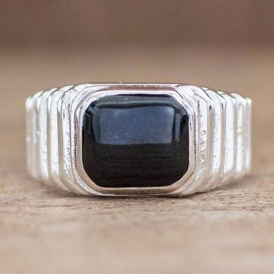 Alternate image for Mens Squared Bezel Black Jade Band Ring from Guatemala Magnanimous in Black