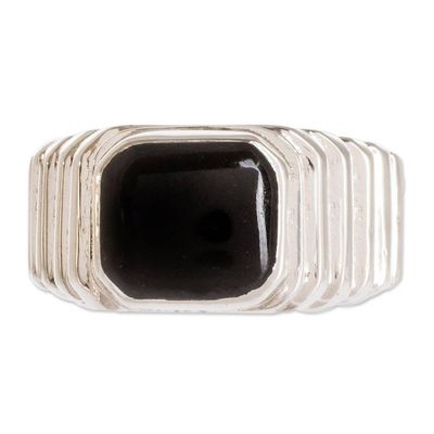 Alternate image for Mens Squared Bezel Black Jade Band Ring from Guatemala Magnanimous in Black