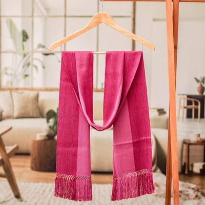 Alternate image for Pink Fringed Striped Rayon Scarf Hand-Loomed in Guatemala Dual Sophistication