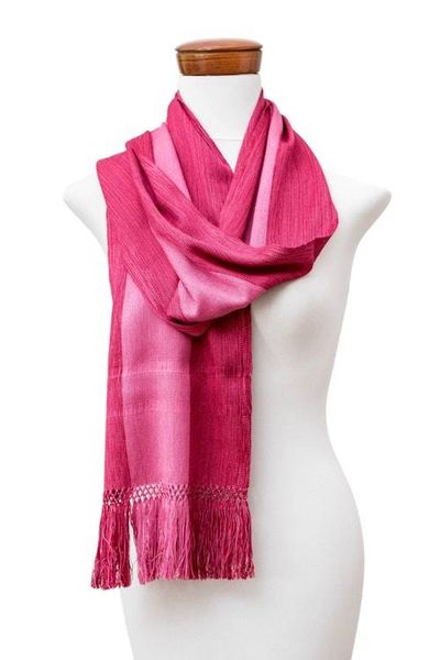 Alternate image for Pink Fringed Striped Rayon Scarf Hand-Loomed in Guatemala Dual Sophistication