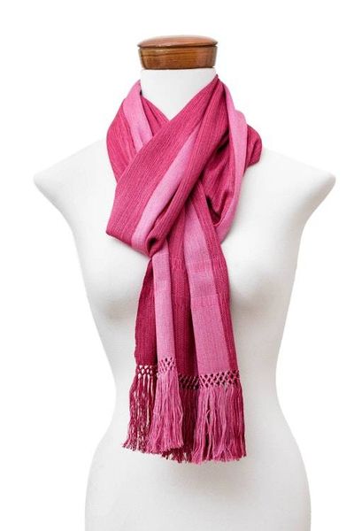 Alternate image for Pink Fringed Striped Rayon Scarf Hand-Loomed in Guatemala Dual Sophistication