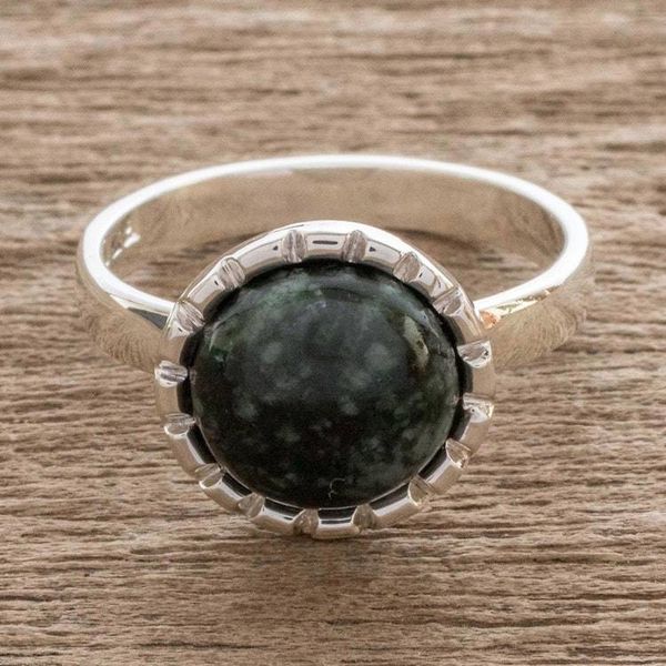 Alternate image for Sterling Silver Ring with a Very Dark Green Jade Circle Dark Green Moon