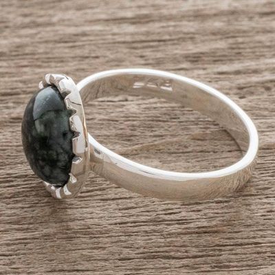 Alternate image for Sterling Silver Ring with a Very Dark Green Jade Circle Dark Green Moon