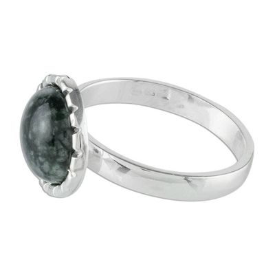 Alternate image for Sterling Silver Ring with a Very Dark Green Jade Circle Dark Green Moon