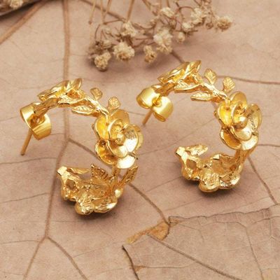 Primary image for 22k Gold-Plated Half-Hoop Earrings with Floral Details Aura of the Golden Flower