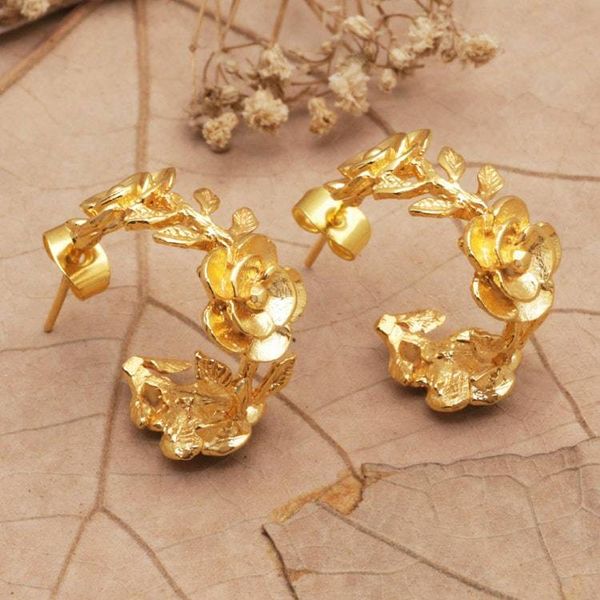 Alternate image for 22k Gold-Plated Half-Hoop Earrings with Floral Details Aura of the Golden Flower
