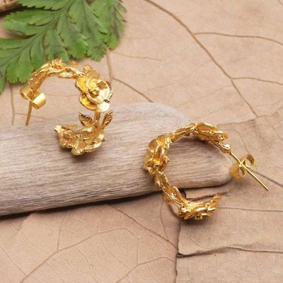 Alternate image for 22k Gold-Plated Half-Hoop Earrings with Floral Details Aura of the Golden Flower