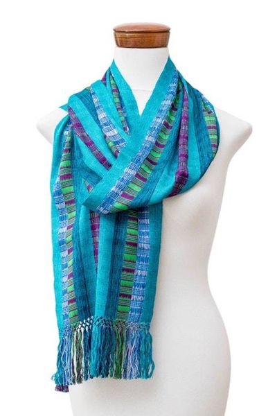 Alternate image for Textured Rayon Scarf with Fringes Hand-Loomed in Guatemala Vibrant Paths