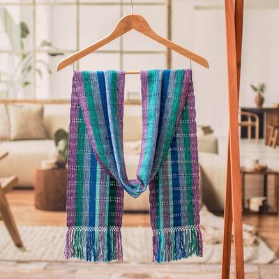 Alternate image for Green Blue Purple Fringed Rayon Scarf Handwoven in Guatemala Colorful Silhouettes