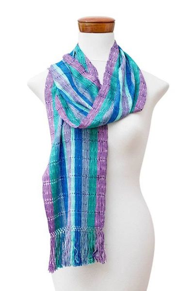 Alternate image for Green Blue Purple Fringed Rayon Scarf Handwoven in Guatemala Colorful Silhouettes