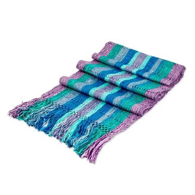 Alternate image for Green Blue Purple Fringed Rayon Scarf Handwoven in Guatemala Colorful Silhouettes