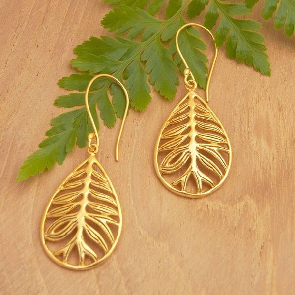 Alternate image for 22k Gold-Plated Leaf and Root Themed Dangle Earrings Spring Forest