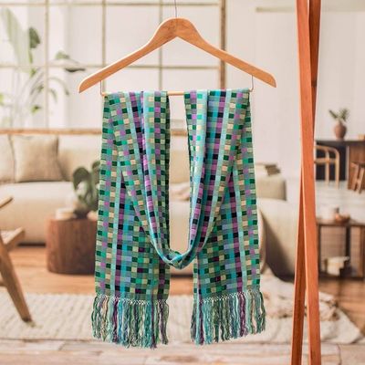 Alternate image for Checkerboard-Patterned Handwoven Rayon Scarf with Fringes Checkerboard Chic