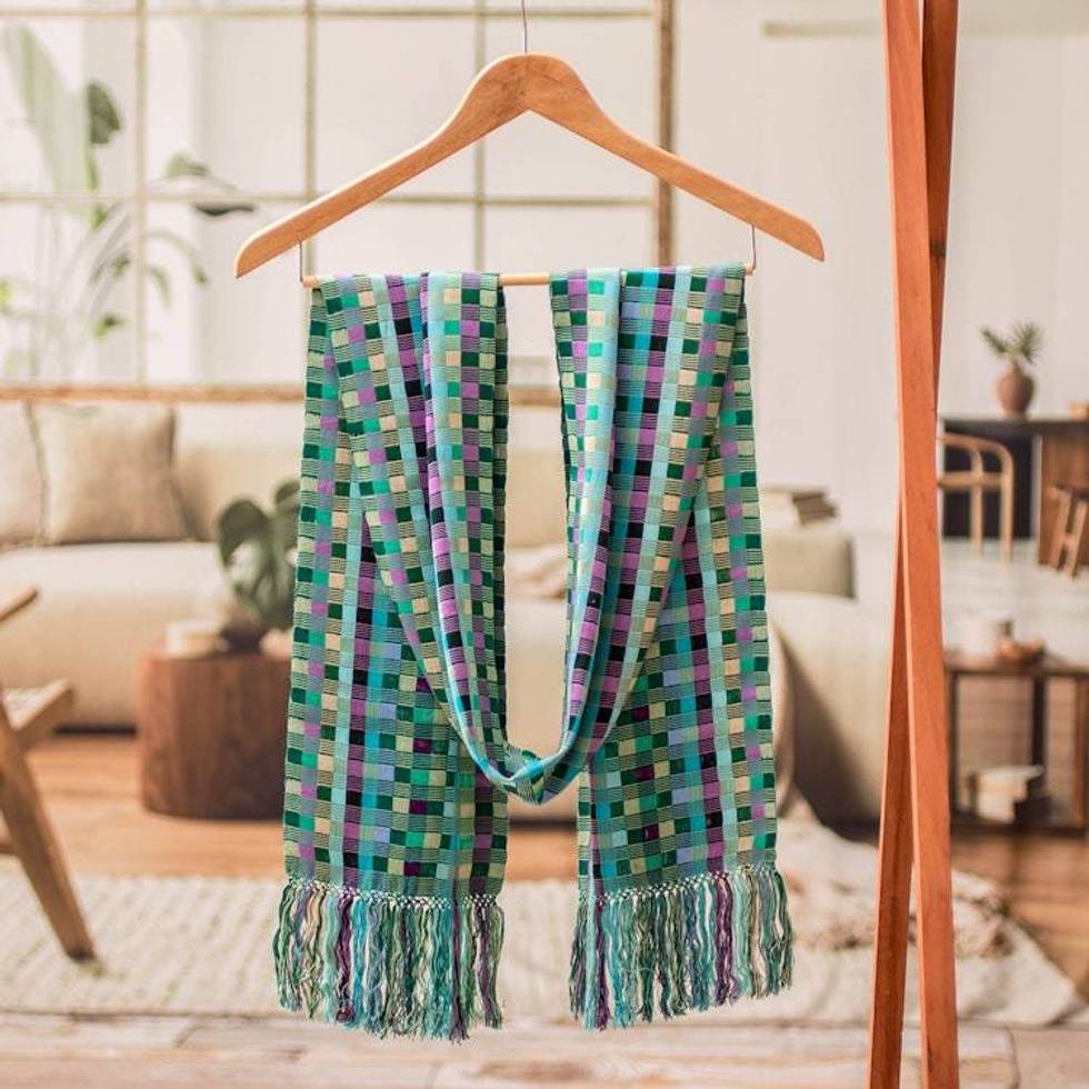 Checkerboard-Patterned Handwoven Rayon Scarf with Fringes 'Checkerboard Chic'