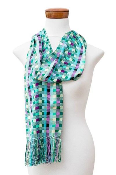 Alternate image for Checkerboard-Patterned Handwoven Rayon Scarf with Fringes Checkerboard Chic