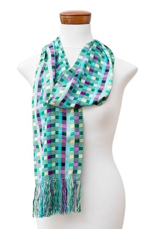 Alternate image for Checkerboard-Patterned Handwoven Rayon Scarf with Fringes Checkerboard Chic