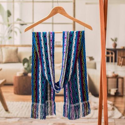 Alternate image for Colorful Checkerboard Fringed Hand-Loomed Rayon Scarf Checkerboard Glam