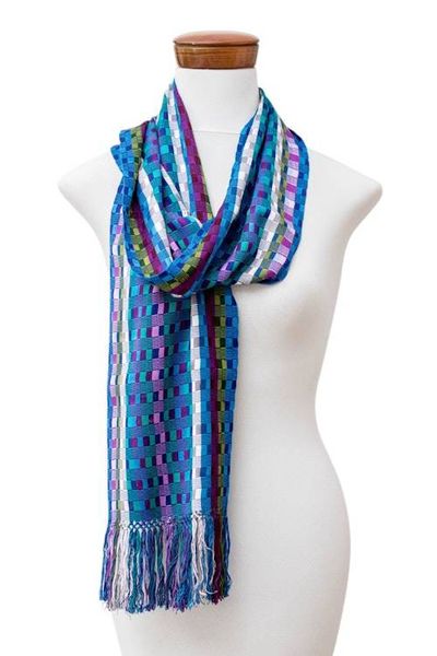 Alternate image for Colorful Checkerboard Fringed Hand-Loomed Rayon Scarf Checkerboard Glam