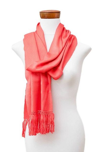 Alternate image for Handcrafted Orange Fringed Rayon Scarf from Guatemala Vibrant Reflections