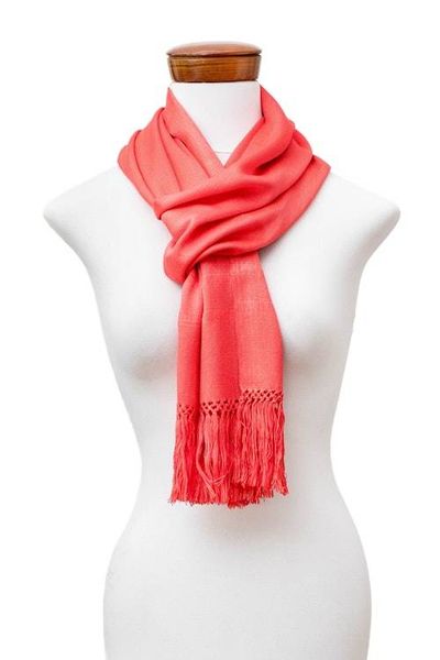 Alternate image for Handcrafted Orange Fringed Rayon Scarf from Guatemala Vibrant Reflections