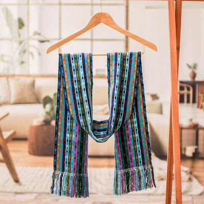 Alternate image for Block-Patterned Hand-Loomed Rayon Scarf with Fringes Intertwining Colors