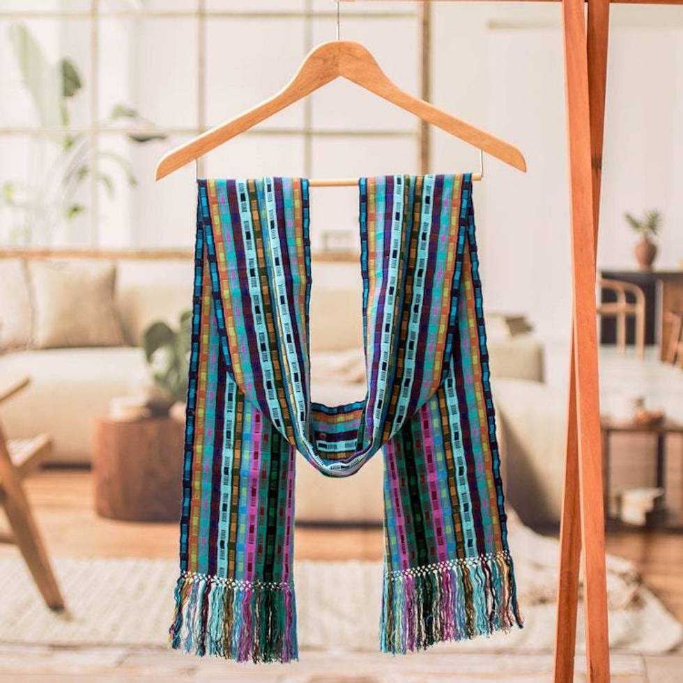 Block-Patterned Hand-Loomed Rayon Scarf with Fringes 'Intertwining Colors'