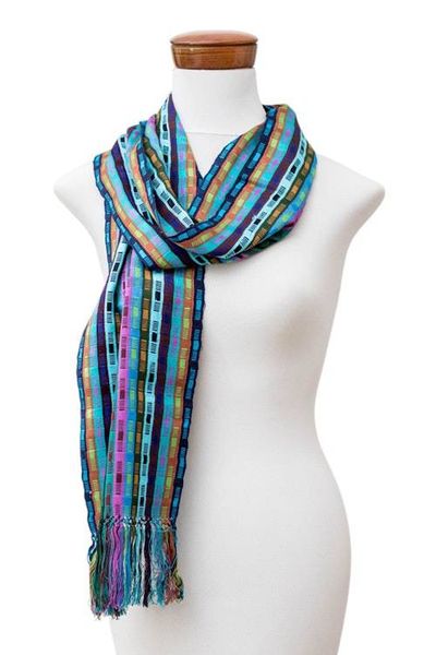 Alternate image for Block-Patterned Hand-Loomed Rayon Scarf with Fringes Intertwining Colors