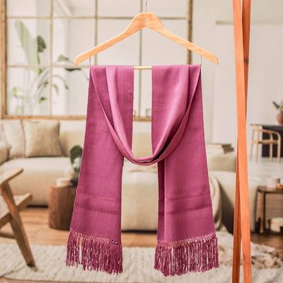 Alternate image for Guatemalan Hand-Woven Fringed Rayon Scarf in Purple Hue Sweet Reflections