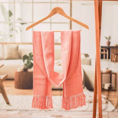 Alternate image for Handwoven Rayon Scarf in Peach and Beige with Fringed Ends Subtle Reflections