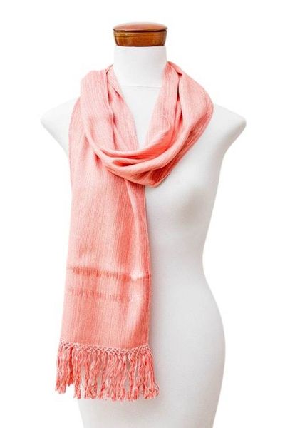 Alternate image for Handwoven Rayon Scarf in Peach and Beige with Fringed Ends Subtle Reflections