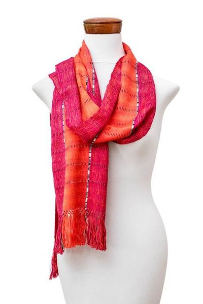 Alternate image for Textured Striped Hand-Loomed Rayon Scarf in Orange and Red Dazzling Glam