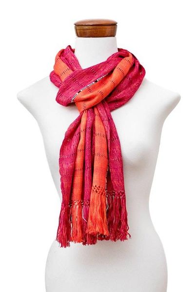 Alternate image for Textured Striped Hand-Loomed Rayon Scarf in Orange and Red Dazzling Glam