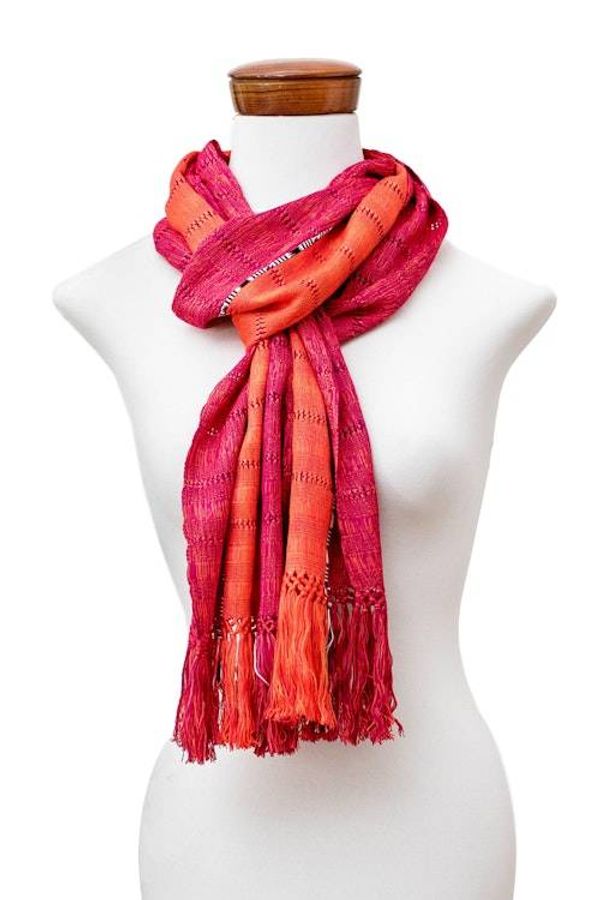 Alternate image for Textured Striped Hand-Loomed Rayon Scarf in Orange and Red Dazzling Glam