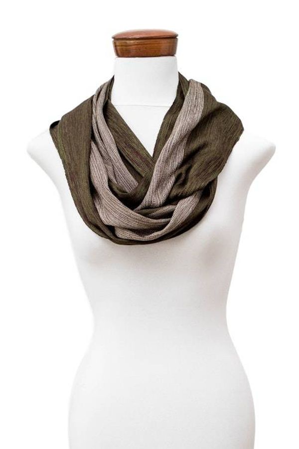 Alternate image for Striped Handwoven Green Brown and Beige Rayon Infinity Scarf Endless Elegance