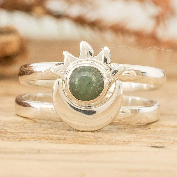 Alternate image for Polished Sun-Themed Natural Jade Stacking Rings Set of 2 Eclipse on the Sun