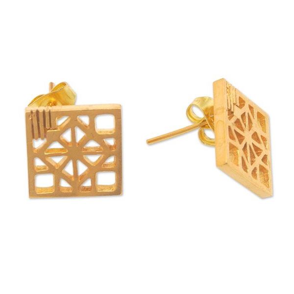 Alternate image for Modern 22k Gold-Plated Drop Earrings from Indonesia Majestic Mosaic