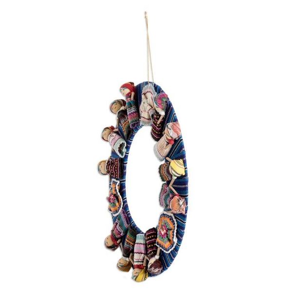 Alternate image for Handcrafted Traditional Worry Doll-Themed Blue Cotton Wreath Guatemalas Union
