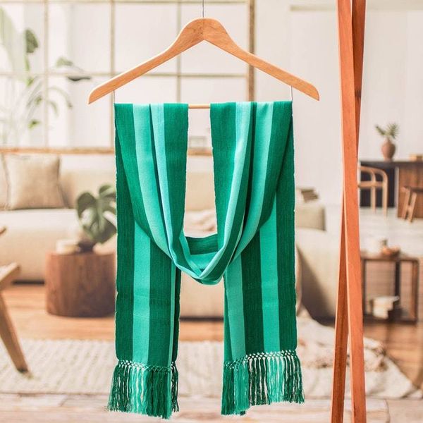 Alternate image for Striped Fringed Hand-Loomed Rayon Scarf in Shades of Green Stripes of Luxury