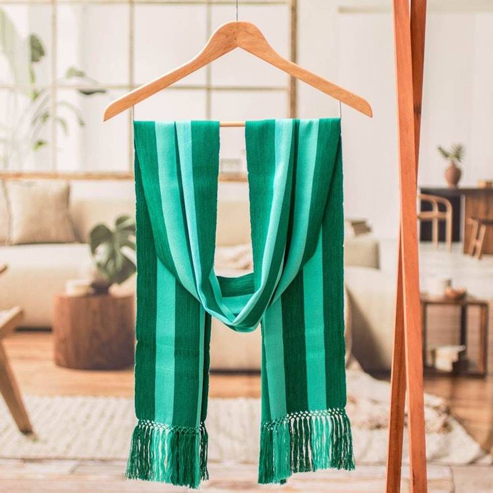 Striped Fringed Hand-Loomed Rayon Scarf in Shades of Green 'Stripes of Luxury'