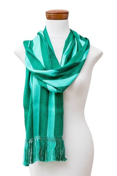 Alternate image for Striped Fringed Hand-Loomed Rayon Scarf in Shades of Green Stripes of Luxury