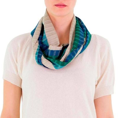 Alternate image for Green Beige Handcrafted Cotton Infinity Scarf Verdant Comalapa Breeze