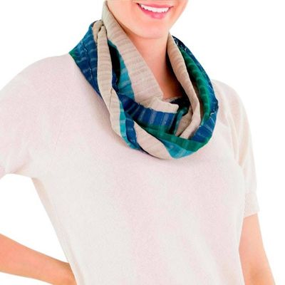 Alternate image for Green Beige Handcrafted Cotton Infinity Scarf Verdant Comalapa Breeze