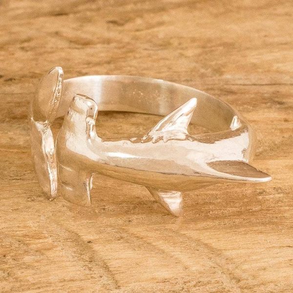 Alternate image for Shark-Themed Silver Wrap Ring in a High Polish Finish Protective Fins