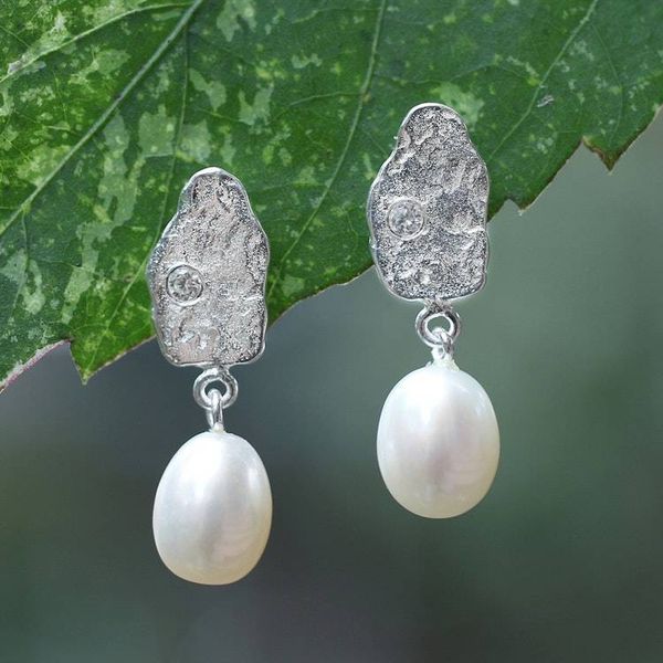 Alternate image for Textured Cultured Pearl Silver Earrings with Cubic Zirconia Sweet Glow